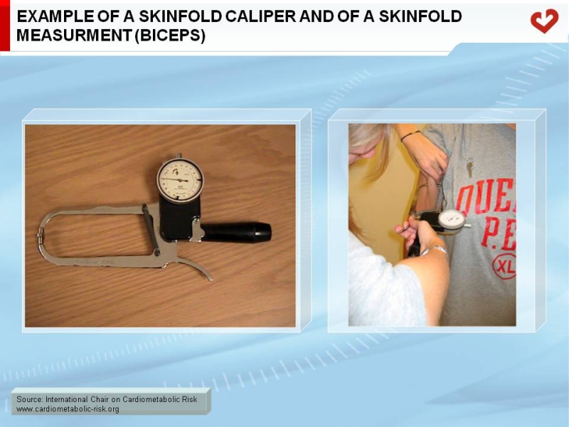 Example of a skinfold caliper and of a skinfold measurement (biceps)