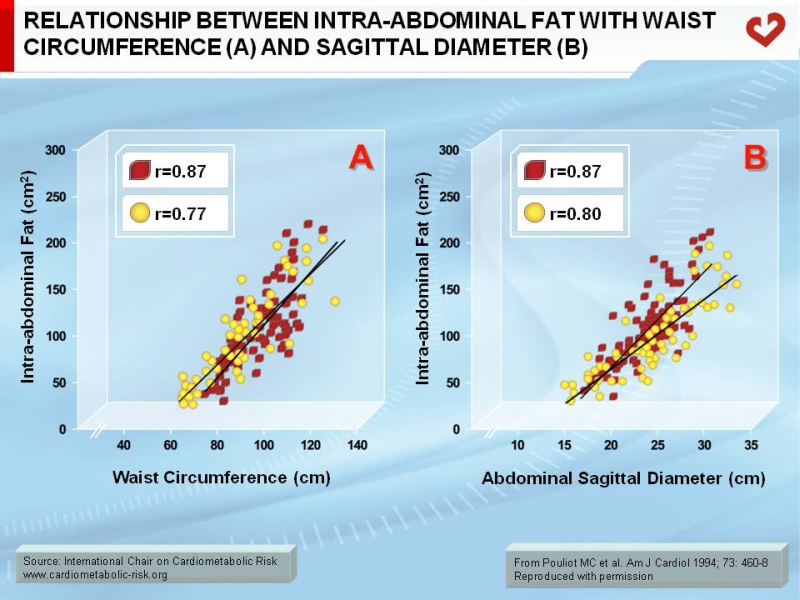 Relationship between intra-abdominal fat with waist circumference (A) and sagittal diameter (B)